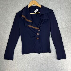 Brunello Cucinelli Navy Blue Brown Cashmere Asymmetric Ruffle Cardigan Sz Small